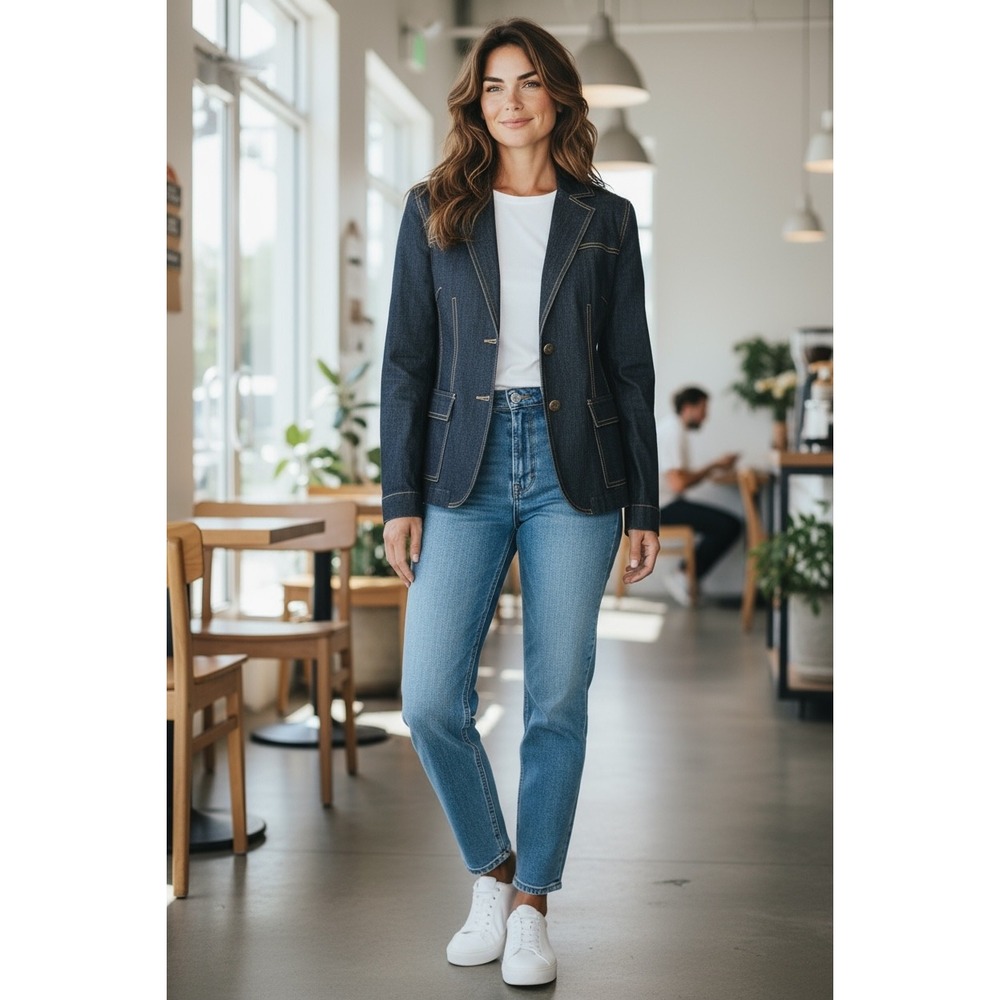 Ann Taylor LOFT Stretch Denim Blazer Dark Wash Contrast Stitch Women's Size 2